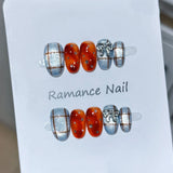 Yeknu  10pcs Sweet & Edgy Orange-Blue Handmade Nails Checkered Bow Star Rhinestone Press on Nail Short Oval Fake Nail for Women&Girl