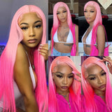 Yeknu  Long Silky Straight Pink Ombre Wig Synthetic Middle Part Highlight Pink Colored Heat Resistant Fiber Wigs for Women Daily Party