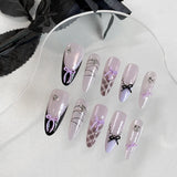 Yeknu  10PCS hand pressed almond shaped nails, beautiful fake nails, elegant light purple nail art, personalized bow, suitable for wome
