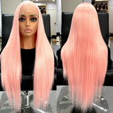 Yeknu  Light Pink Long Silky Straight Wig 13x4 Lace Front Synthetic Hair Wigs for Women Natural Hairline Daily Use Cosplay Party