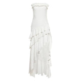Yeknu  Ruffled Asymmetric Hem Strapless Bodycon Maxi Dress Open Back  Ruffled Trim Summer Chic Romantic Women Romantic Vestido