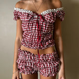 Yeknu  Women Summer y2k Coquette 2 Piece Set Outfits Plaid Print V Neck Short Sleeve Crop Tops Ruffles Shorts Fairycore Clothes
