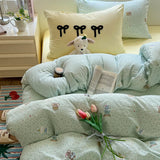 Yeknu Cartoon Bedding Set Ins Korean Towel Embroidery Bed Linen Flat Sheets Set 2 Pillowcases Twin Double Queen Size Duvet Cover Set