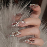 Yeknu  Glitter Fairy Rhinestone False nail Tips for Bride lady Wearable Sweet Crystal Design Press on Nails Mid Length Fake Nail Patch