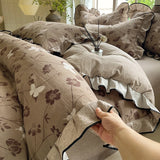 Yeknu  4-pcs Set with Linen Touch, Pure Polyester Material Ruffled Romantic Bow Design Girl Woman Bedroom Bedding Set Colored Flowers