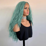Yeknu  Mint Green Long Curly Wavy Synthetic Lace Front Wigs for Women Middle Part Natural Water Wave Heat Resistant Fiber Daily Party