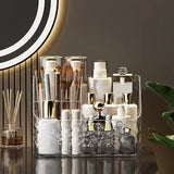 Yeknu  4-Compartment Acrylic Cosmetic Storage Organizer Transparent Makeup and Skincare Product Holder, Office Desk Stationery Box