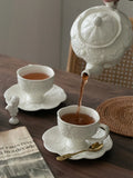 Yeknu  European Style Ceramic Tea Set with Relief  Flower Court Theme Red Tea Cup And Coffee Cup Plate for Afternoon Tea