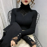 Yeknu  Women Clothing Hollow Lace Patchwork Turtleneck Sweaters Autumn Winter Fashion All-match Solid Knit Pullovers Office Lady Tops