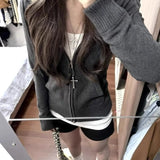Yeknu  Deeptown Gray Hooded Knitted Cardigan Women Korean Style Vintage Zipper Sweaters Knitwear Casual Female Long Sleeve Cardigan