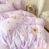 Yeknu  French Hepburn style 4-piece bed set, Korean princess lace washed cotton embroidery duvet set, bedsheet and bedsheet 3-piece set