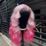 Yeknu  Long Pink Ombre Wig  Body Wave Synthetic Hair Middle Part 13X4 Curly Wavy Light Pink Highlight Gradient Colored Wigs for Women
