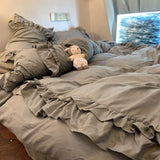 Yeknu  Princess Style Purple Ruffle Duvet Cover Set - Washed Cotton 4-Piece/3-Piece Bedding Double Size/Dorm Sheet Set