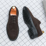 Yeknu  Large Size Abrasive Leather Brock Carved Business Dress Shoes for Men Round Head Lace-up Casual Shoes  New