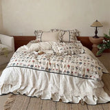 Yeknu  Vintage Floral Embroidery Cotton Linen Blend Bedding Set Ruffle Lace Edge Duvet Cover Flat Bed Sheet Pillowcases 4Pcs