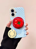 Yeknu 3D Polka Dot Cute Tomato Magnetic Grip Tok Phone Stand Holder Phone Case for IPhone 16 15 14 13 Pro Max Funny Magsafe Back Cover
