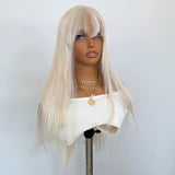 Yeknu  Platinum Blonde Layered Cut Wig with Bangs Long Silky Straight Lace Front Wigs for Women 13x4 Synthetic Hair Natural Hairline
