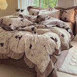 Yeknu  4-pcs Set with Linen Touch, Pure Polyester Material Ruffled Romantic Bow Design Girl Woman Bedroom Bedding Set Colored Flowers