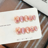 Yeknu  10pcs Pink Cherry Handmade Nails  Fine Glitter Cat-Eye Press on Nail Short Oval Full Coverage Nail Tip for Women&Girl Fasle Nail
