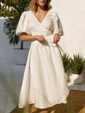 Yeknu  Jastie Summer V-neck Waist Cinched Dress Unique Lantern Sleeve Fashionable Sexy Slit Long Skirt Cotton Women's Casual Dresses