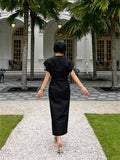 Yeknu  Korea Fashion New Summer Women Irregular Elegant Dress Casual Office Ladies Womens Pullover A-linen Dresses Black Bow Long Dress