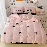 Yeknu Girls Pink Bedding Set with Bow Korean Breathable Duvet Cover No Filler Flat Sheet Pillowcases Mix Color Comforter Cover Set