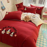 Yeknu Solid Colour embroidery Bedding Set For adults kids Ankela Red Red Flat Sheet With Pillowcases Colorful King Queen Full size