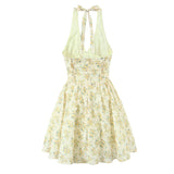 Yeknu  Jastie Yellow Floral Print Halter Mini Dresses Women Elegant A-line Summer Backless Dress Holiday Robe Short Vestidos