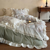 Yeknu  4Pcs French Romantic Floral Printed Egyptian Cotton Bedding Set With Lace Edge Duvet Cover Flat Sheet Pillowcases