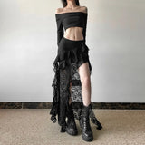 Yeknu  SylCue Mesh Patchwork Skirts Women Skinny Irregular Ruched Side Split Personality Niche Look Thinner Wild Street Style Bottoms