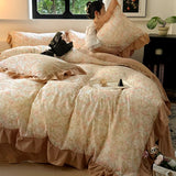 Yeknu Nordic Bedding Sets 100% Cotton Floral Flat Bed Sheet Set 2 Pillowcases Skin-Friendly Queen King Double Size Bed Linen Set