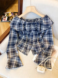 Yeknu  Women Red Plaid Shirts and Blouses Y2k Vintage Harajuku 2000s Elegant Peter Pan Collar Long Sleeve Slash Neck Shirt Clothes