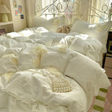 Yeknu  3/4Pcs Korean Style Princess Lace Ruffles Skin-friendly Soft Flowers Embroidery Bedding Set Duvet Cover Bed Sheet Pillowcases