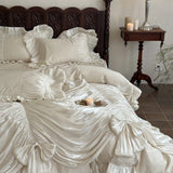 Yeknu  New Retro French Style 3D Oil Painting Floral Duvet Cover Set, Princess Ruffled 100% Cotton Dark Coffee Color 4-in-1 Bedding Set