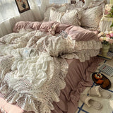 Yeknu 3/4Pcs Korean Princess Style Floral Ruffles Bedding Set Skin-friendly Soft Duvet Cover Set Bed Sheet Or Bed Skirt Pillowcases