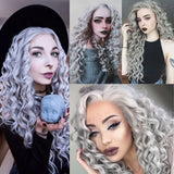 Yeknu  Long Silver Grey Curly Wig for Women Synthetic Free Part Loose Curly Gray Afro Kinky Curly Heat Resistant Fiber Wigs for Women