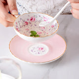 Yeknu  European Creative Bone Porcelain Coffee Cup Set Household Ceramic English Tea Set Afternoon Flower Tea Cup 1 Cup 1 Plate 1 Spoon
