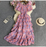 Yeknu  Retro Floral Print Chiffon Dress Women Summer Bubble Short Sleeve Slim Holiday Boho Dresses Multi-layered Ruffle Long Cake Dress