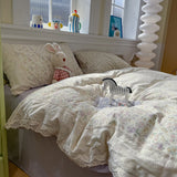 Yeknu  French style new comfortable wrinkled yarn printed lace four-piece set student dormitory three-piece set