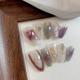Yeknu  10pcs pure hand pressed almond shaped nail art, beautiful fake nails, retro constellation nail art, suitable for women to use