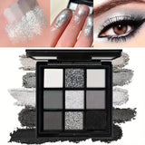 Yeknu  9-shade eyeshadow palette: Black Swan, Smoky, Dark Black, Grey Silver Glitter, Matte Finish, Long-lasting, and easy to color