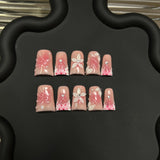 Yeknu  10pcs Handmade Pink French Fake Nails with 3D-carved Petals Design False Nails Wearable Sweet Korean Duckbilled Press on Nails
