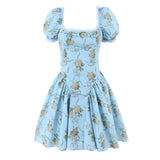 Yeknu  Fashion Elegant Square Neck Puff Sleeve Women's Dress Cotton Rose Printed Mini Dresses Boho Casual Beach Party Dress