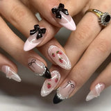 Yeknu  24Pcs Almond Press-On Nails in Pink Cat Eye with Heart & Strawberry Designs – Glossy Acrylic Stick-On Nails for Women & Girls