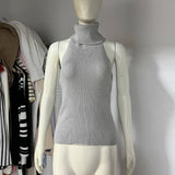 Yeknu  Knit Tank Top Sets For Women Fashion High Neck Vest And Long Sleeve Shawl 2 Piece Suits Sexy Backless Knitwear Top Femme