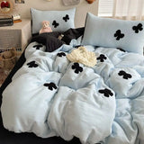 Yeknu  Towel Embroidered Bow Washed Cotton Bedding Set, Fresh Style 3/4 Piece Dorm Bed Sheet & Duvet Cover Set