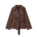 Yeknu  Women Lapel Lace Up Short Trench Coat Casual Full Sleeve Double Breasted Loose Cropped Windbreakers New Lady Commute Coats