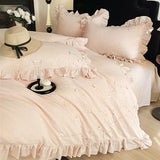 Yeknu  Chic Flowers Embroidery Ruffles Luxury Bedding Set 100% Cotton Duvet Cover Flat/Fitted Bed Sheet Pillowcases 4Pcs