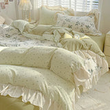 Yeknu  4pcs  Korean lace Duvet Cover Set (1*Duvet Cover + 2*Pillowcase, bed sheet), Pink checkered print Bedding Set