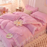 Yeknu Girls Bedding Sets Kawaii Seersucker Bed Sheet Pillowcase Fashion Princess Duvet Cover Solid Color 4 Pieces Cute Home Decoration